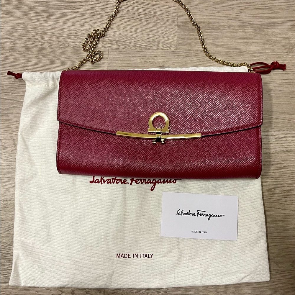 Ferragamo Gancio Calfskin Leather Clutch (Burgundy color)